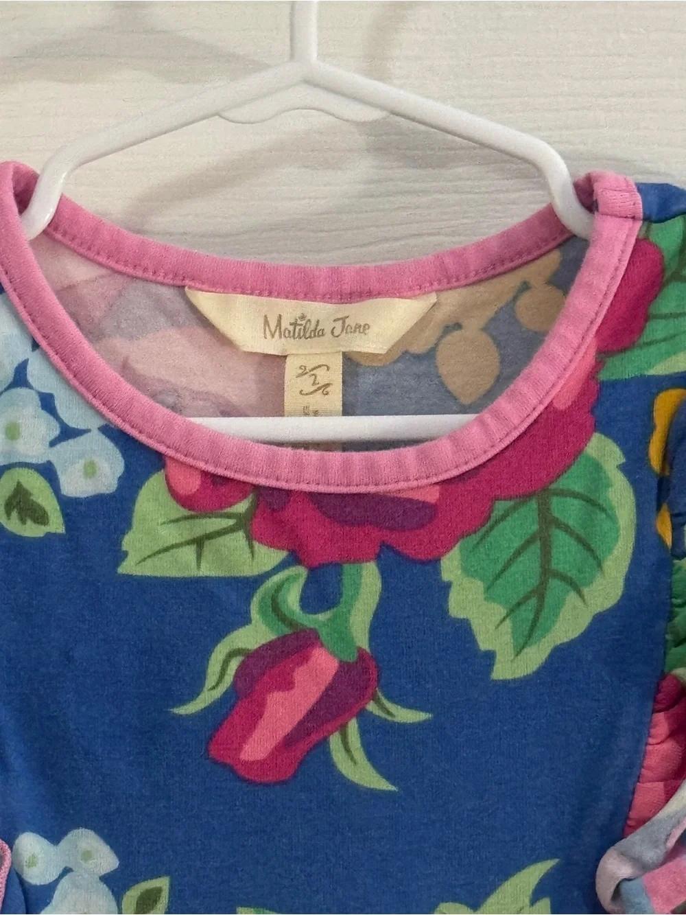 Matilda Jane Baby Girl Bright Blue Floral Ruffle Dress with Pink Accents